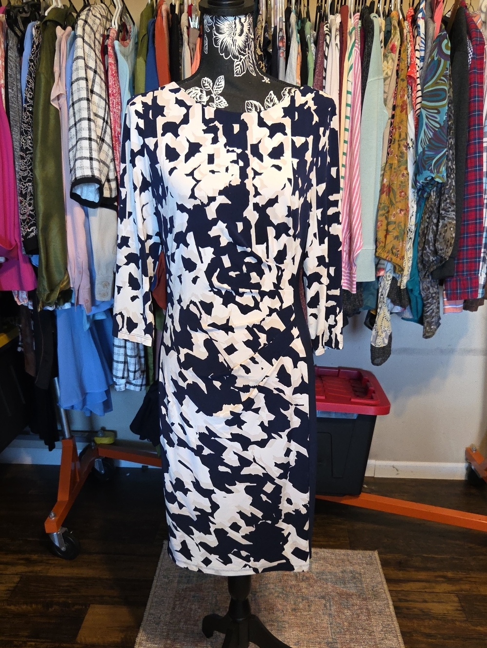 Ralph Lauren Navy and White Abstract Print Long-Sleeve Sheath Dress